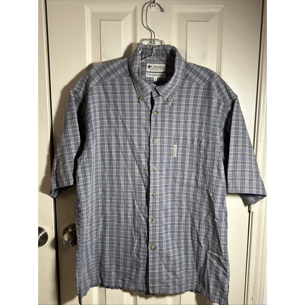COLUMBIA Button Up Shirt XL Men's Short Sleeve Cotton Blue Plaid